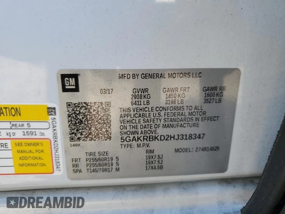 2017 Buick Enclave Leather with VIN 5GAKRBKD2HJ318347, listed as a Copart auction lot 46745585 with Not Provided miles and Salvage Title. Bid and sale history available at DreamBid. Image 13.