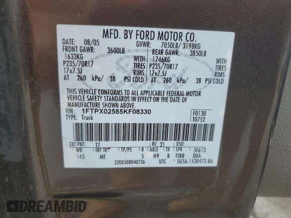 2005 Ford F-150 XLT with VIN 1FTPX02585KF08330, listed as a Copart auction lot 58403995 with 179,426 mi miles and Salvage title. Bid and sale history available at DreamBid. Image 12.