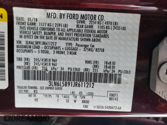 2018 Lincoln MKZ Premiere with VIN 3LN6L5B91JR611212, listed as a Copart auction lot 55393184 with 80,194 mi miles and Salvage Title. Bid and sale history available at DreamBid. Image 12.