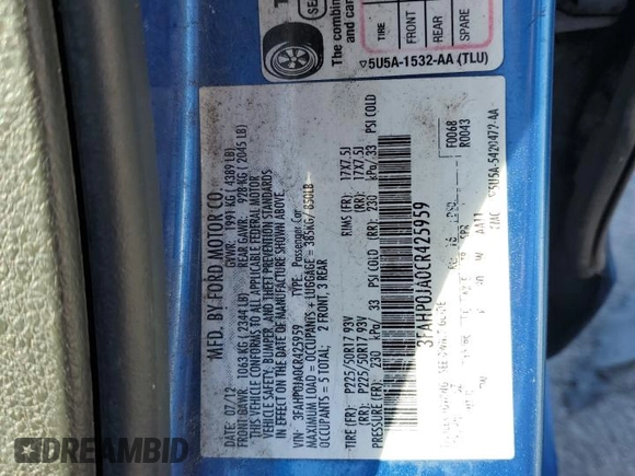 2012 Ford Fusion SEL with VIN 3FAHP0JA0CR425959, listed as a Copart auction lot 50522415 with 207,583 mi miles and Salvage Title. Bid and sale history available at carsss.com. Image 12.