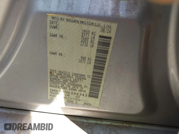 2015 Nissan Altima S with VIN 1N4AL3AP7FN334343, listed as a IAAI auction lot 40815750 with 120,624 mi miles and . Bid and sale history available at DreamBid. Image 9.