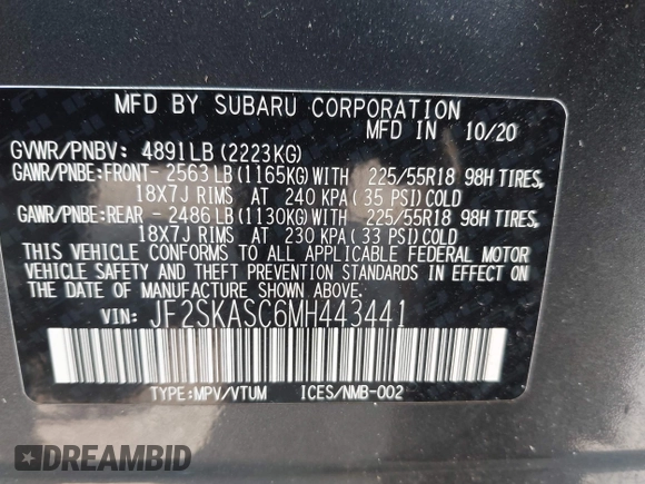 2021 Subaru Forester Limited with VIN JF2SKASC6MH443441, listed as a IAAI auction lot 42428177 with 72,686 mi miles and . Bid and sale history available at DreamBid. Image 9.