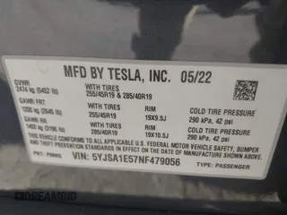 2022 Tesla Model S with VIN 5YJSA1E57NF479056, listed as a IAAI auction lot 42091009 with 78,272 mi miles and . Bid and sale history available at DreamBid. Image 9.