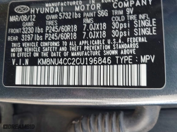 2012 Hyundai Veracruz Limited with VIN KM8NU4CC2CU196846, listed as a IAAI auction lot 41805692 with 174,132 mi miles. Bid and sale history available at carsss.com. Image 9.