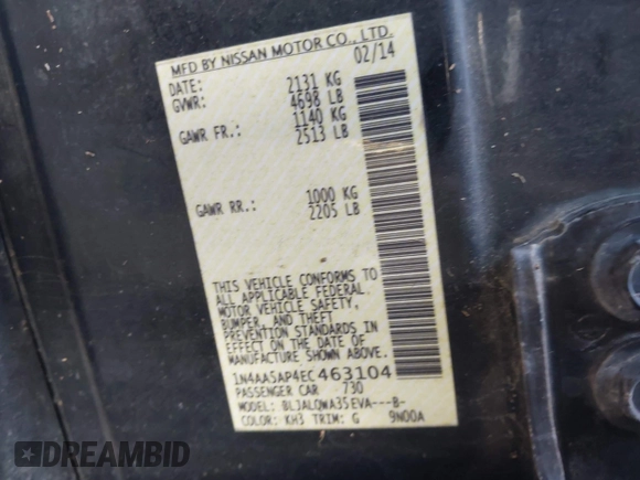 2014 Nissan Maxima S with VIN 1N4AA5AP4EC463104, listed as a IAAI auction lot 42005166 with Not Provided miles and . Bid and sale history available at DreamBid. Image 9.