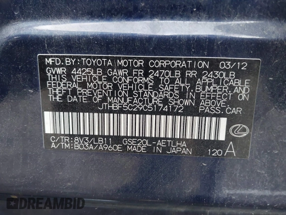 2012 Lexus IS 250 with VIN JTHBF5C29C5174172, listed as a IAAI auction lot 42446094 with 172,893 mi miles and . Bid and sale history available at DreamBid. Image 9.