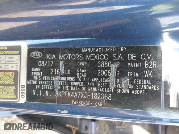 2018 Kia Forte LX with VIN 3KPFK4A7XJE182368, listed as a IAAI auction lot 41687402 with 100,638 mi miles. Bid and sale history available at carsss.com. Image 9.