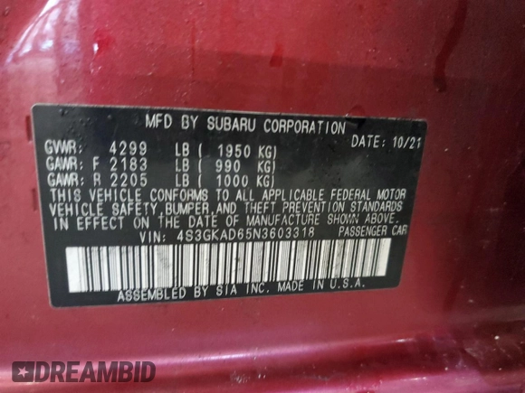 2022 Subaru Impreza Premium with VIN 4S3GKAD65N3603318, listed as a Copart auction lot 50488335 with 41,666 mi miles and Salvage title. Bid and sale history available at DreamBid. Image 12.