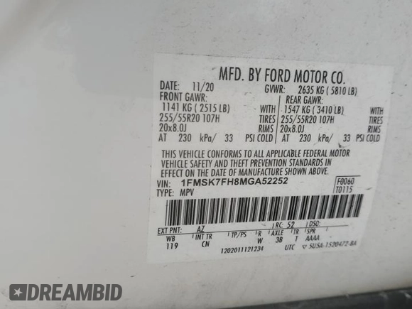 2021 Ford Explorer Limited with VIN 1FMSK7FH8MGA52252, listed as a Copart auction lot 52194755 with 59,484 mi miles and Salvage Title. Bid and sale history available at carsss.com. Image 14.