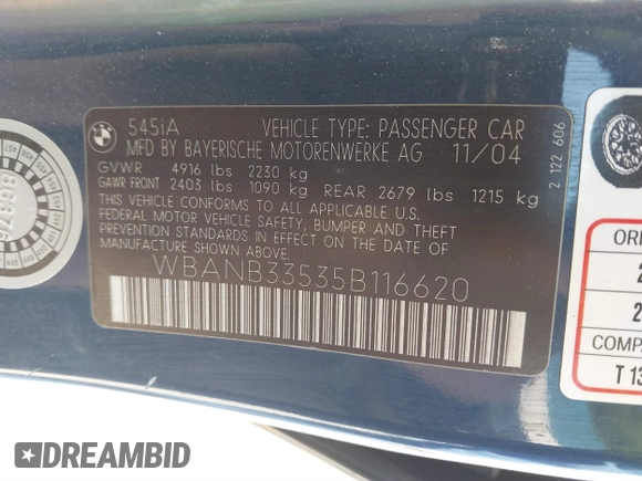 2005 BMW 5 Series 545i with VIN WBANB33535B116620, listed as a IAAI auction lot 41884829 with 144,395 mi miles and . Bid and sale history available at carsss.com. Image 9.