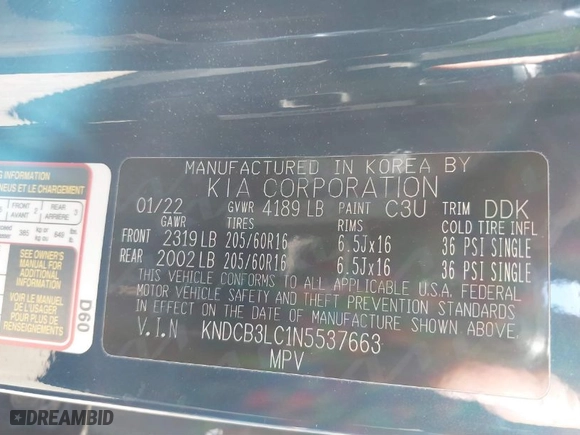 2022 Kia Niro LX with VIN KNDCB3LC1N5537663, listed as a IAAI auction lot 41759529 with 23,863 mi miles. Bid and sale history available at carsss.com. Image 9.