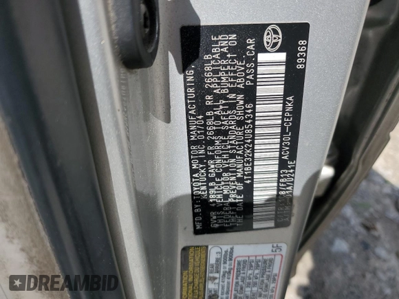 2004 Toyota Camry LE z VIN 4T1BE32K24U854346, wystawiony jako Copart lot #52708755 z przebiegiem 201 385 mil mil oraz Szkoda całkowita • Salvage title. Historia ofert i sprzedaży dostępna na DreamBid. Obrazek 12.