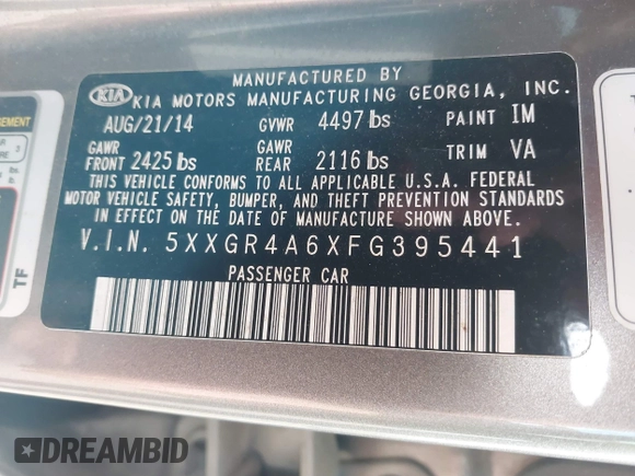 2015 Kia Optima SX Turbo with VIN 5XXGR4A6XFG395441, listed as a IAAI auction lot 41460842 with 140,958 mi miles. Bid and sale history available at carsss.com. Image 9.