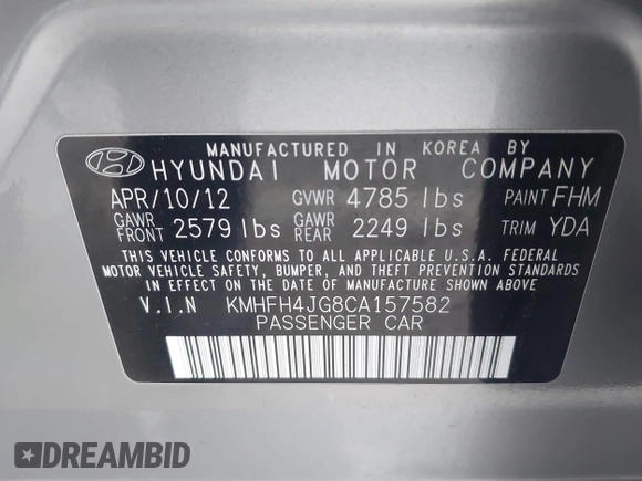 2012 Hyundai Azera with VIN KMHFH4JG8CA157582, listed as a IAAI auction lot 41771113 with 113,392 mi miles and . Bid and sale history available at carsss.com. Image 9.