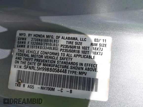 2011 Honda Odyssey Touring with VIN 5FNRL5H99BB058448, listed as a IAAI auction lot 42651432 with 208,581 mi miles and . Bid and sale history available at DreamBid. Image 9.