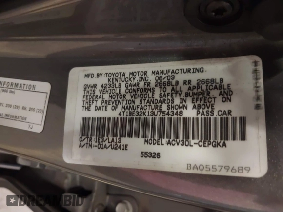 2003 Toyota Camry LE with VIN 4T1BE32K13U754348, listed as a IAAI auction lot 41765418 with 194,227 mi miles and . Bid and sale history available at DreamBid. Image 9.