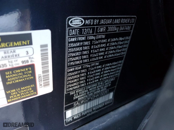 2017 Land Rover Range Rover Sport SE with VIN SALWG2FV2HA132261, listed as a Copart auction lot 88287885 with 58,989 mi miles and Salvage Title. Bid and sale history available at carsss.com. Image 14.
