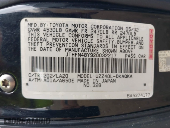 2002 Lexus SC 430 z VIN JTHFN48Y920032217, wystawiony jako IAAI lot #42091287 z przebiegiem 62 093 mil mil oraz . Historia ofert i sprzedaży dostępna na DreamBid. Obrazek 9.