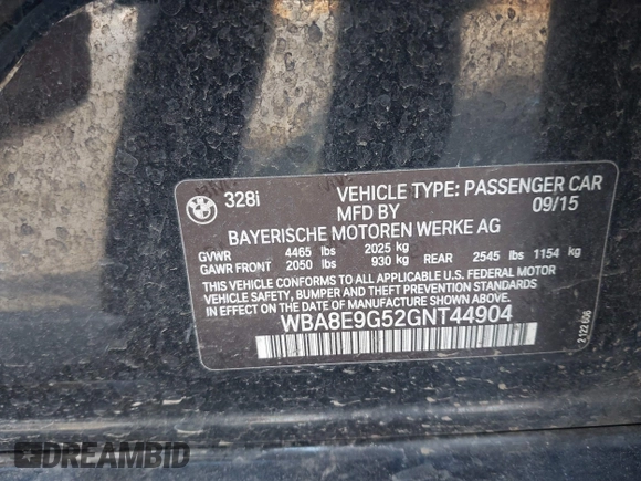 2016 BMW 3 Series 328i with VIN WBA8E9G52GNT44904, listed as a IAAI auction lot 41899944 with 105,917 mi miles. Bid and sale history available at carsss.com. Image 9.