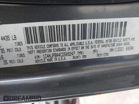 2012 Jeep Patriot Sport with VIN 1C4NJPBA4CD509247, listed as a IAAI auction lot 41843364 with 133,959 mi miles and . Bid and sale history available at DreamBid. Image 9.