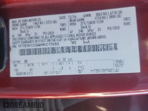 2017 Ford F-150 XL with VIN 1FTEW1CG4HKC17652, listed as a Copart auction lot 45512365 with 168,929 mi miles and Salvage title. Bid and sale history available at DreamBid. Image 12.