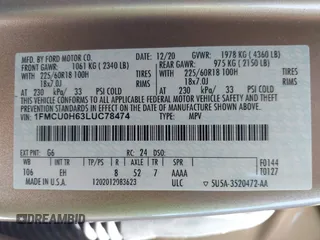 2020 Ford Escape SEL with VIN 1FMCU0H63LUC78474, listed as a IAAI auction lot 41673765 with 73,947 mi miles and . Bid and sale history available at carsss.com. Image 9.