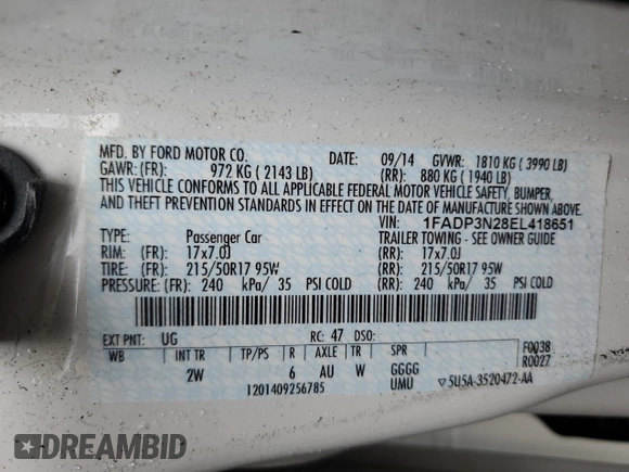 2014 Ford Focus Titanium with VIN 1FADP3N28EL418651, listed as a Copart auction lot 56723475 with 94,773 mi miles and Salvage title. Bid and sale history available at DreamBid. Image 12.