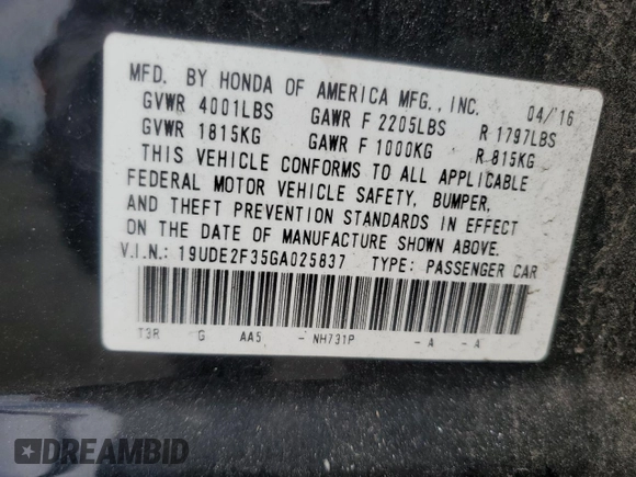 2016 Acura ILX with VIN 19UDE2F35GA025837, listed as a Copart auction lot 63039835 with 128,193 mi miles and Salvage title. Bid and sale history available at DreamBid. Image 12.