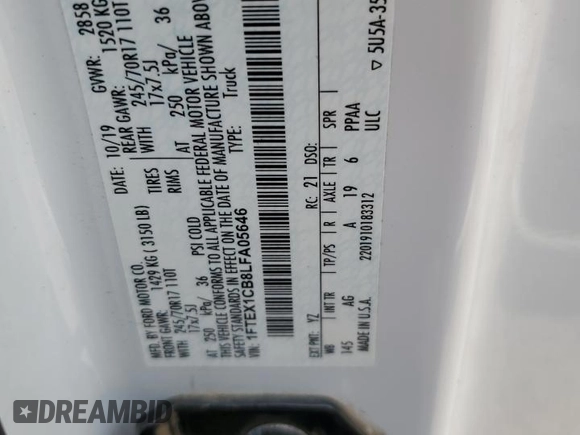 2020 Ford F-150 XL with VIN 1FTEX1CB8LFA05646, listed as a Copart auction lot 85350634 with 176,855 mi miles and Salvage Title. Bid and sale history available at DreamBid. Image 12.