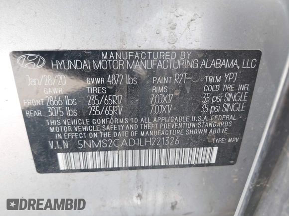 2020 Hyundai Santa Fe SE z VIN 5NMS2CAD1LH221326, wystawiony jako IAAI lot #42442177 z przebiegiem 68 995 mil mil oraz . Historia ofert i sprzedaży dostępna na DreamBid. Obrazek 9.