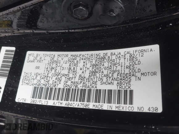 2012 Toyota Tacoma PreRunner with VIN 3TMKU4HN0CM032307, listed as a IAAI auction lot 41576688 with 101,803 mi miles and . Bid and sale history available at DreamBid. Image 9.