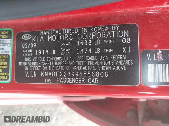 2009 Kia Rio SX with VIN KNADE223996556806, listed as a IAAI auction lot 42117938 with 54,007 mi miles. Bid and sale history available at carsss.com. Image 9.