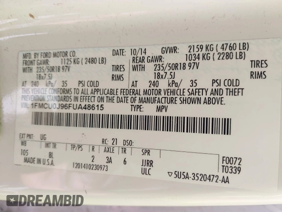 2015 Ford Escape Titanium with VIN 1FMCU0J96FUA48615, listed as a IAAI auction lot 39482355 with 186,340 mi miles and . Bid and sale history available at DreamBid. Image 9.