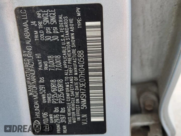 2007 Hyundai Santa Fe SE with VIN 5NMSH73E07H040588, listed as a Copart auction lot 56698875 with 177,099 mi miles and Salvage title. Bid and sale history available at DreamBid. Image 13.