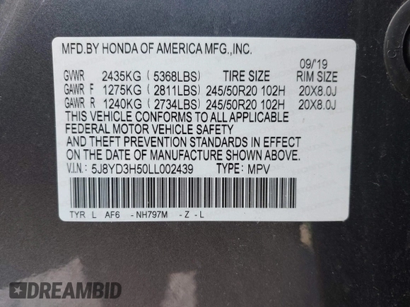 2020 Acura MDX w/Technology Pkg with VIN 5J8YD3H50LL002439, listed as a IAAI auction lot 41560504 with 23,487 mi miles. Bid and sale history available at carsss.com. Image 9.