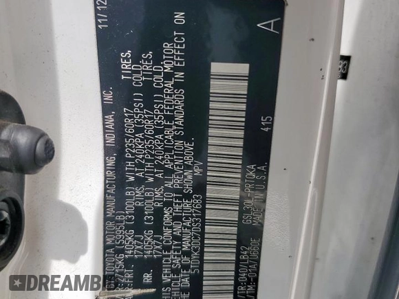 2013 Toyota Sienna XLE AAS with VIN 5TDYK3DC7DS317683, listed as a Copart auction lot 50976735 with 179,286 mi miles and Clean title. Bid and sale history available at DreamBid. Image 13.
