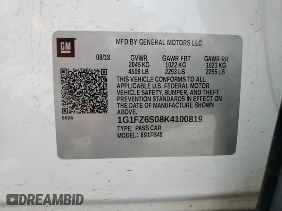 2019 Chevrolet Bolt EV Premier with VIN 1G1FZ6S08K4100819, listed as a Copart auction lot 56694705 with 133,012 mi miles and Salvage title. Bid and sale history available at DreamBid. Image 12.