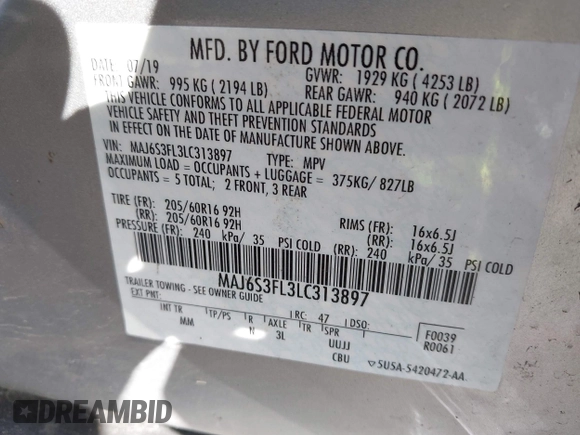 2020 Ford EcoSport S with VIN MAJ6S3FL3LC313897, listed as a IAAI auction lot 41863286 with 29,241 mi miles and . Bid and sale history available at DreamBid. Image 9.