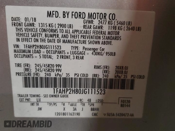 2018 Ford Taurus SEL with VIN 1FAHP2H80JG111523, listed as a Copart auction lot 85364784 with 100,033 mi miles and Clean Title. Bid and sale history available at carsss.com. Image 12.