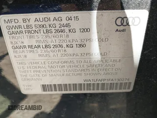 2015 Audi Q5 Premium Plus with VIN WA1LFAFP1FA130274, listed as a IAAI auction lot 42180225 with 101,758 mi miles and . Bid and sale history available at DreamBid. Image 9.