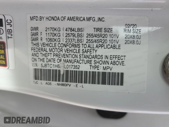 2020 Acura RDX w/A-Spec Pkg with VIN 5J8TC1H65LL017352, listed as a Copart auction lot 51107015 with 75,433 mi miles and Salvage Title. Bid and sale history available at carsss.com. Image 14.