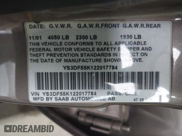 2002 Saab 9-3 z VIN YS3DF55K122017784, wystawiony jako IAAI lot #42057341 z przebiegiem 167 726 mil mil oraz . Historia ofert i sprzedaży dostępna na DreamBid. Obrazek 9.