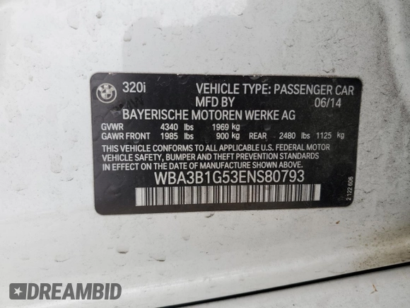 2014 BMW 3 Series 320i with VIN WBA3B1G53ENS80793, listed as a Copart auction lot 53149125 with 98,531 mi miles and Salvage Title. Bid and sale history available at carsss.com. Image 14.