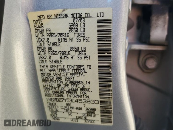 2003 Nissan Frontier SVE with VIN 1N6MD27Y53C453933, listed as a Copart auction lot 50926105 with 161,914 mi miles and Salvage title. Bid and sale history available at DreamBid. Image 13.