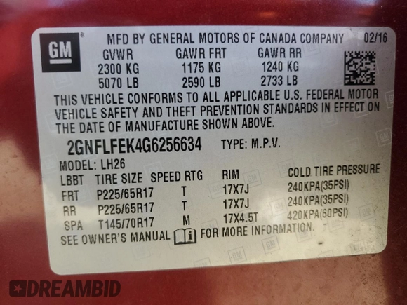 2016 Chevrolet Equinox LT with VIN 2GNFLFEK4G6256634, listed as a Copart auction lot 50635535 with 80,134 mi miles and Salvage Title. Bid and sale history available at DreamBid. Image 14.