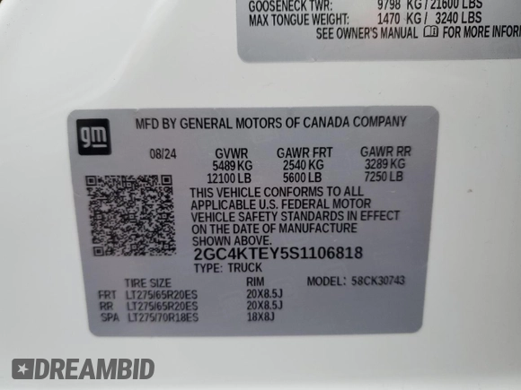2025 Chevrolet Silverado 3500HD LT with VIN 2GC4KTEY5S1106818, listed as a Copart auction lot 86745374 with 3,342 mi miles and Salvage Title. Bid and sale history available at DreamBid. Image 12.