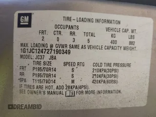2002 Chevrolet Cavalier with VIN 1G1JC124727190349, listed as a IAAI auction lot 41742831 with 82,631 mi miles and . Bid and sale history available at DreamBid. Image 9.