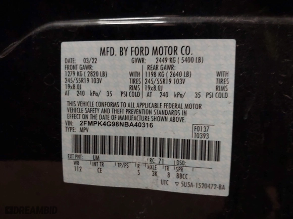 2022 Ford Edge SE with VIN 2FMPK4G98NBA40316, listed as a IAAI auction lot 41262097 with 45,410 mi miles. Bid and sale history available at carsss.com. Image 9.