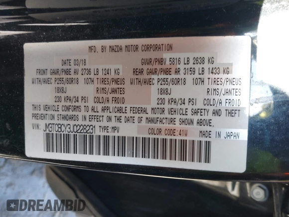 2018 Mazda CX-9 Touring with VIN JM3TCBCY3J0228231, listed as a IAAI auction lot 41596236 with 133,481 mi miles and . Bid and sale history available at DreamBid. Image 9.