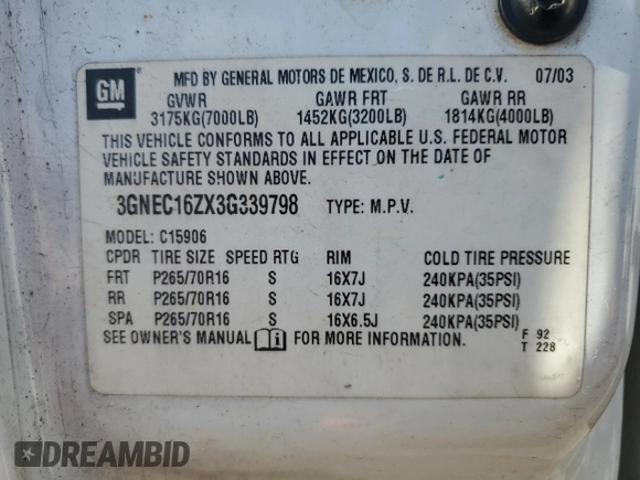 2003 Chevrolet Suburban LT with VIN 3GNEC16ZX3G339798, listed as a Copart auction lot 82293604 with 335,200 mi miles and Salvage Title. Bid and sale history available at carsss.com. Image 13.